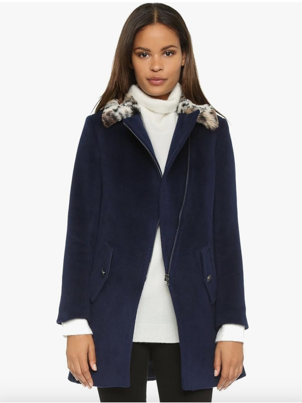 Rebecca Taylor Navy Wool Coat w/ Faux Fur Leopard Collar Size 8
